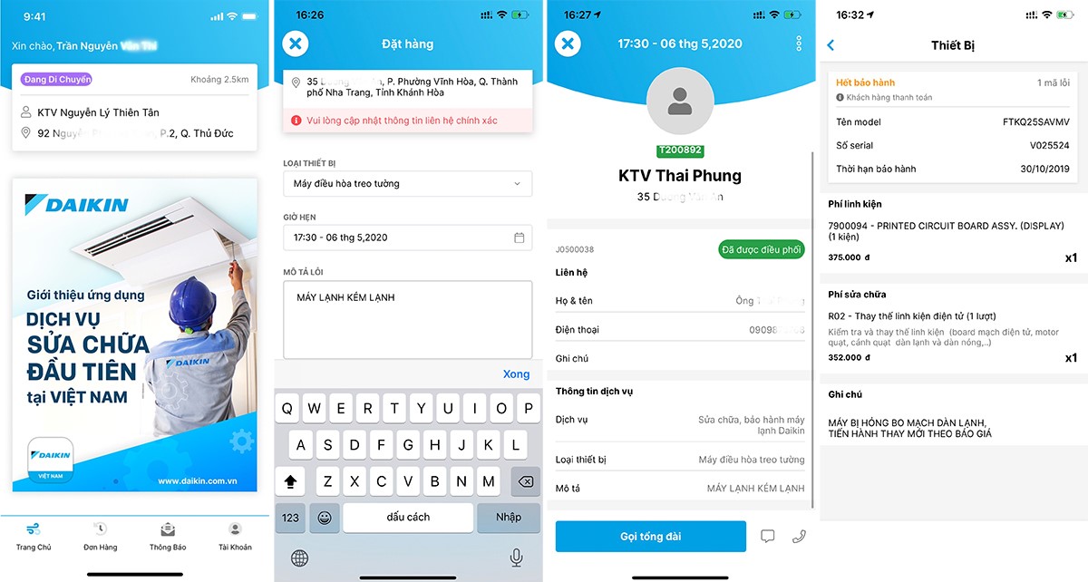 App DAIKIN VN giúp khách hàng thuận tiện khi đặt yêu cầu và lên kế hoạch dịch vụ sửa chữa máy điều hoà không khí. Ảnh: Chụp từ màn hình